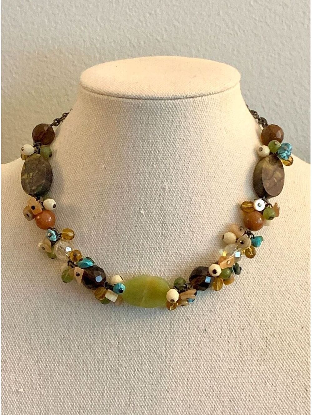 Vintage Earth-Tone Genuine Gemstone Boho Organic Cluster Southwestern Necklace